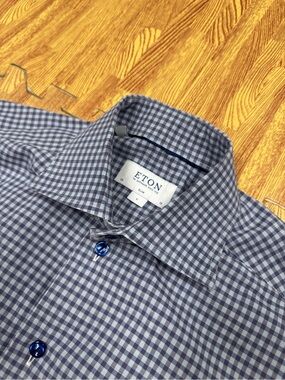 Eton Shirt Mens 38/15 Slim Fit Blue Gingham Check Plaid Button Up Cotton Spread